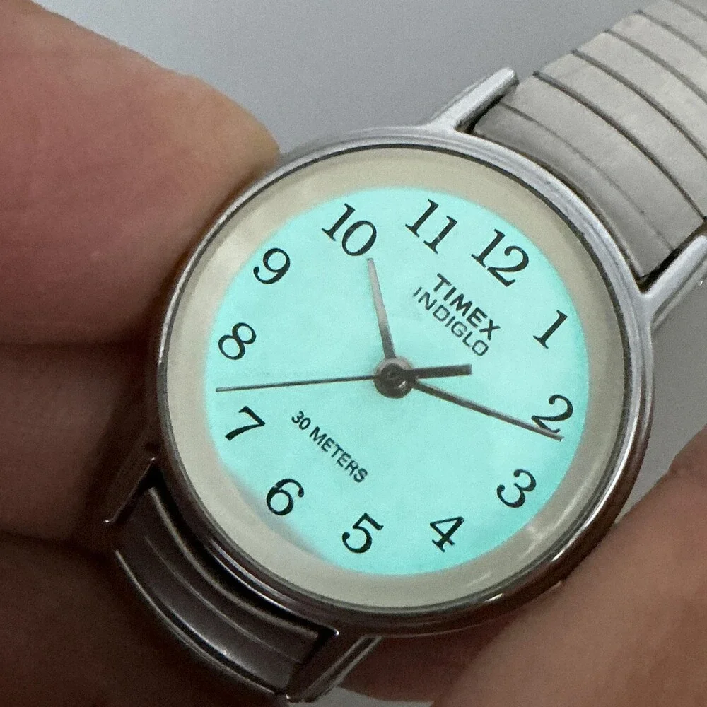 Timex Indiglo Womens Watch 23mm White Dial Silver Tone Stretch Band New Battery